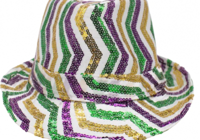 Sequin Fedora - Purple Green & Gold Stripes on White. Piece