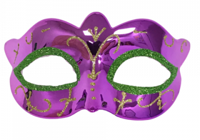 Purple Mask with Gold and Green Glitter Design