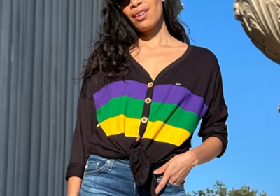 Black w Stripe Button Down Tie Top