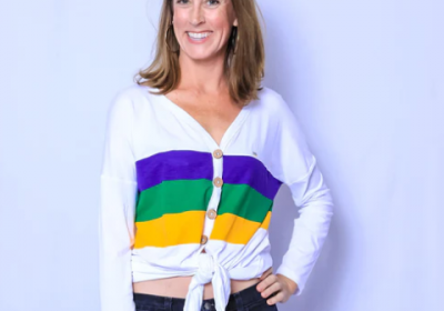 White w Stripe Button Down Tie Top